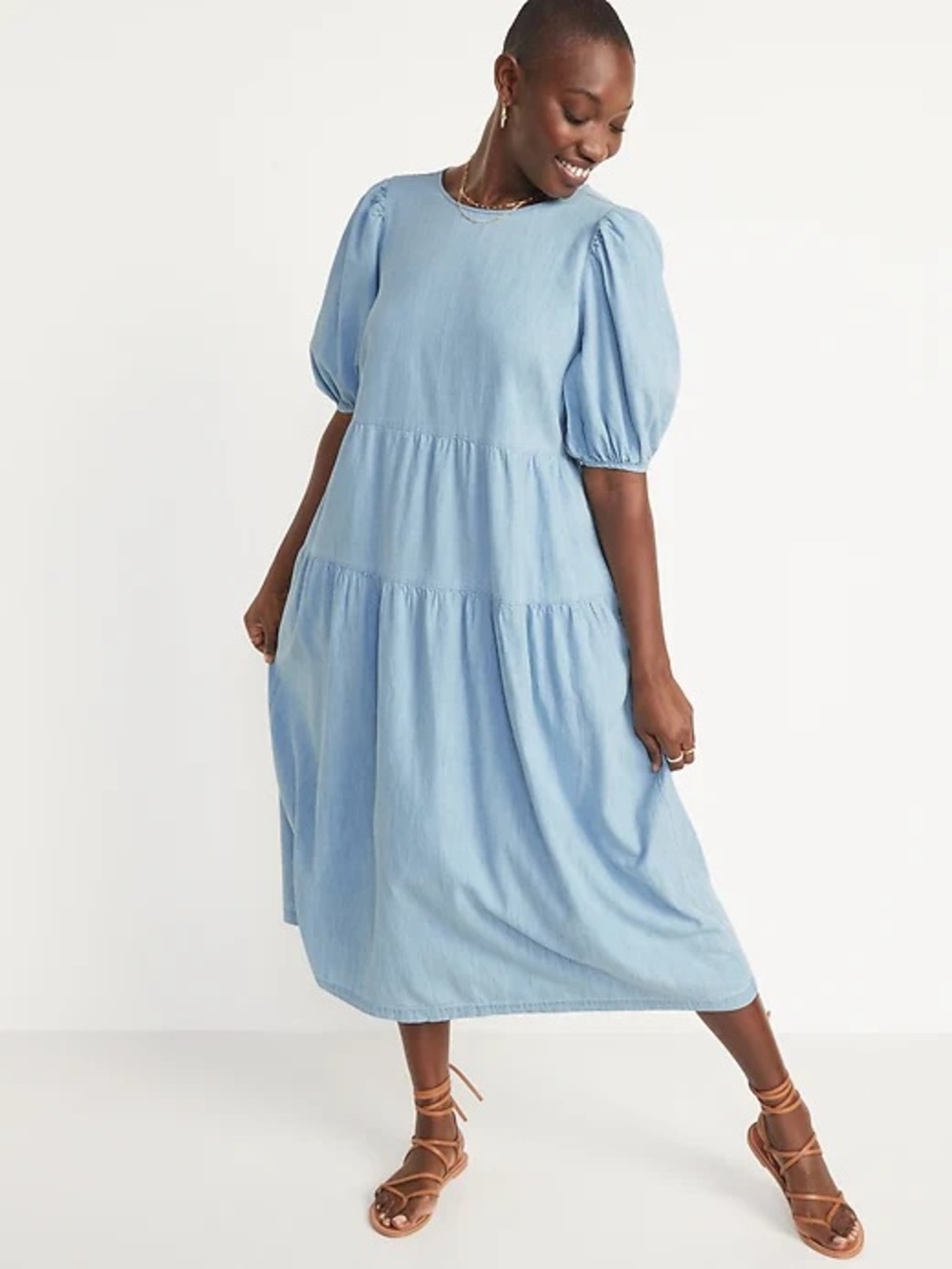 Old Navy Light Blue Puff-Sleeve Tiered Midi Dress